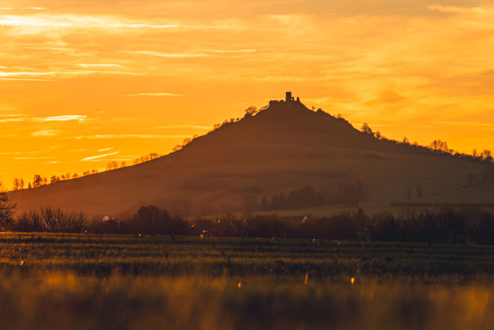 Die Burgruine auf dem Desenberg im Abendlicht